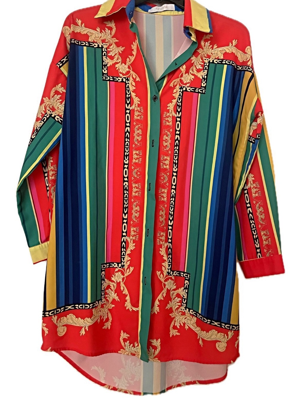 Vibrant Multicolor Striped Button-Up Tunic - Red Base
